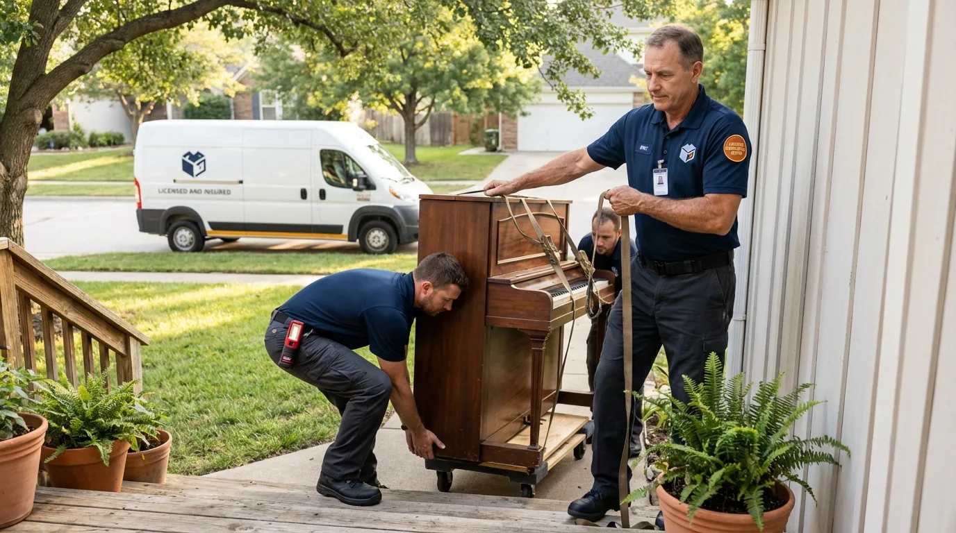 Licensed piano movers securing grand piano in Roseland, LA