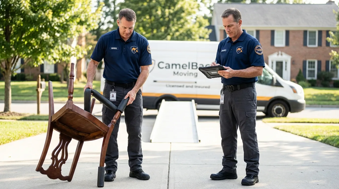 Movers inspecting furniture for damage prevention before loading in Roseland, LA