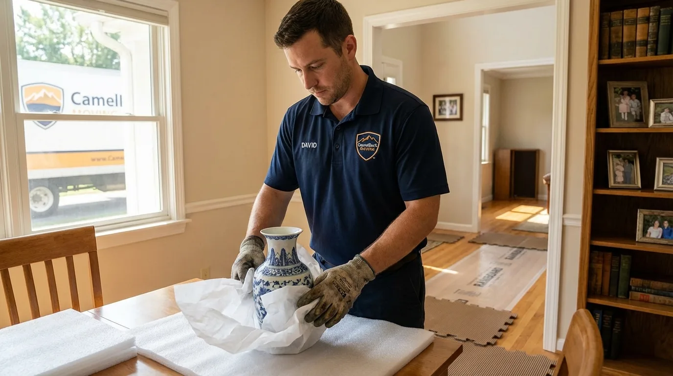 Professional crew carefully wrapping antique vase for senior downsizing move in Roseland, LA